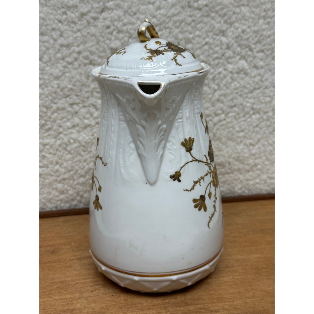 Vintage KT&K China Tall Coffee Pot / Chocolate Pot White Gold Floral Embossed - Picture 2 of 14
